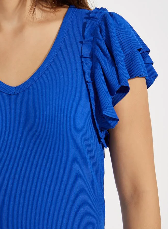تايك تو Solid Ruffled Sleeves Rib Knit Top