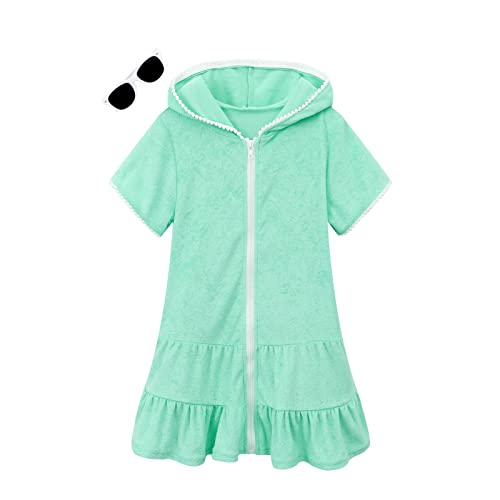 LUCKYGAL Girls Swimsuit Cover Up Zip-Up Swim Coverup Green Terry Beach Bathing Suit Wraps, Size 8 9 - Image 1