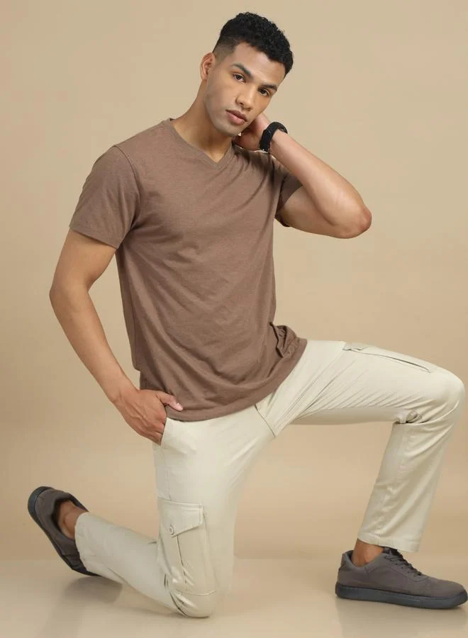Bushirt Men Cream Smart Slim Fit Cargo Pants