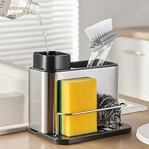 MBUYS MALL Dish Soap Dispenser for Kitchen Sink, 3 in 1 Kitchen Sink Caddy with Sponge Holder, Stainless Steel Kitchen Sink Organizer with Soap Dispenser - Image 3