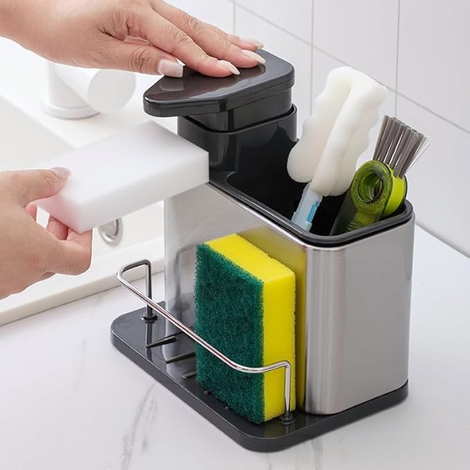 MBUYS MALL Dish Soap Dispenser for Kitchen Sink, 3 in 1 Kitchen Sink Caddy with Sponge Holder, Stainless Steel Kitchen Sink Organizer with Soap Dispenser - Image 2