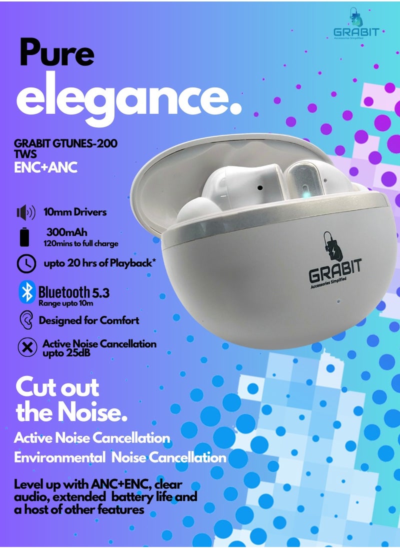 GRABIT - True Wireless Earbuds ANC & ENC for Clear Sound enjoy deep bass and noise-free calls with ANC + ENC technology. With 4-5 hours playtime, a 300mAh charging case, and fast 1.5-hour charging, stay powered all day. Compatible with iPhone, Samsung, OnePlus, Xiaomi, Huawei, Google Pixel, iPads, and more perfect for work, travel, and workouts. - Image 1