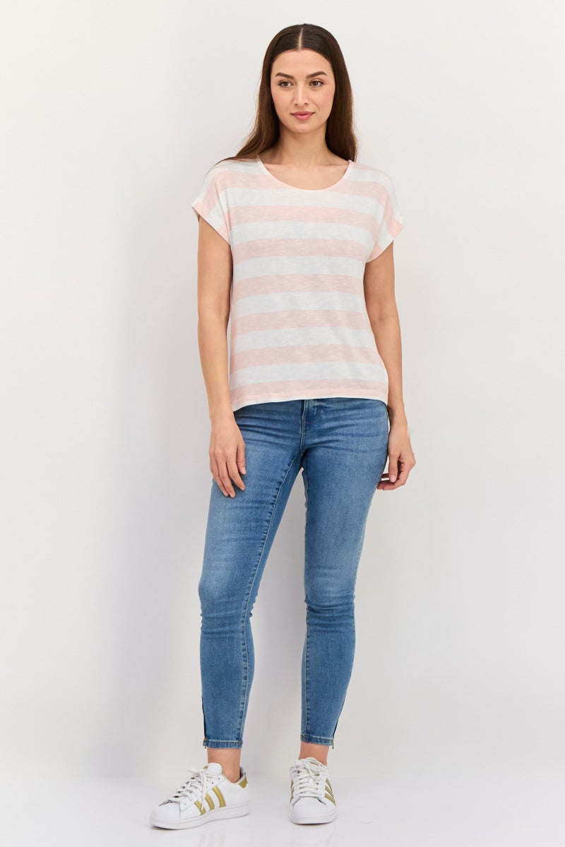 VERO MODA Women Round Neck Short Sleeve Stripe Print Top, Pink - Image 3
