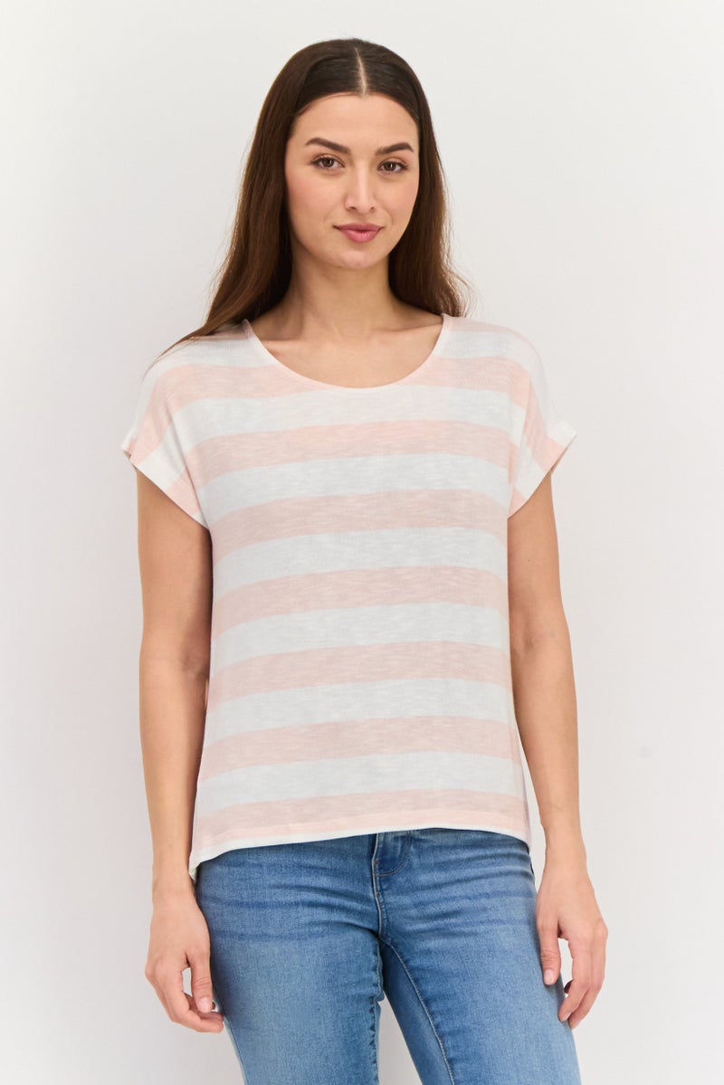 VERO MODA Women Round Neck Short Sleeve Stripe Print Top, Pink - Image 1