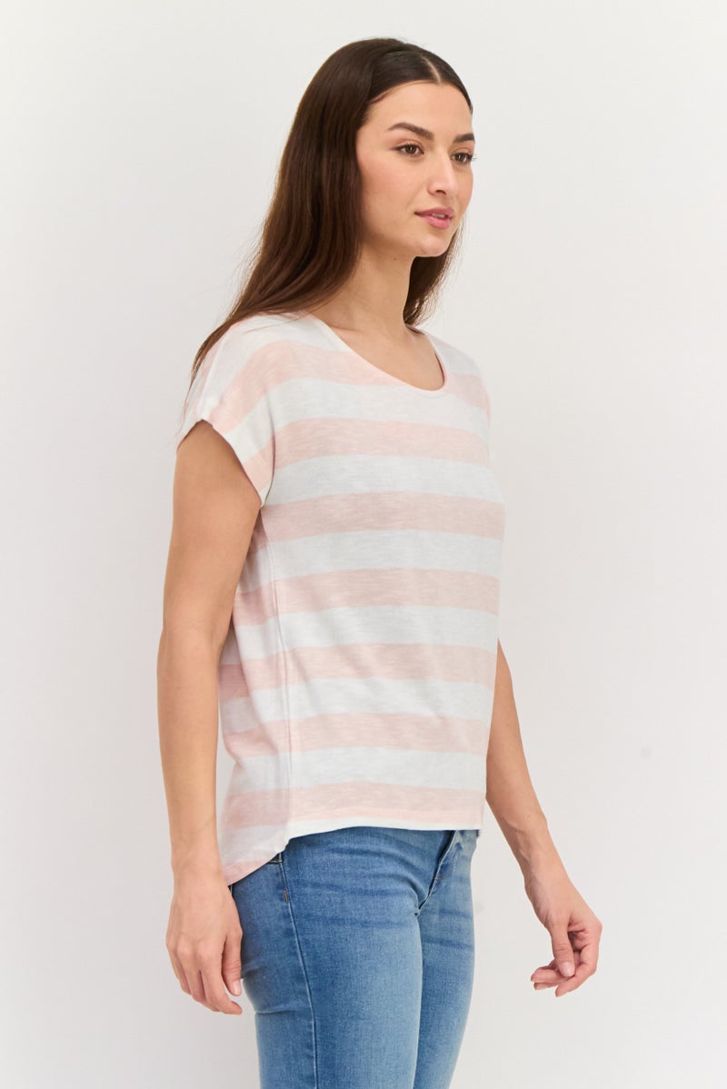 VERO MODA Women Round Neck Short Sleeve Stripe Print Top, Pink - Image 4