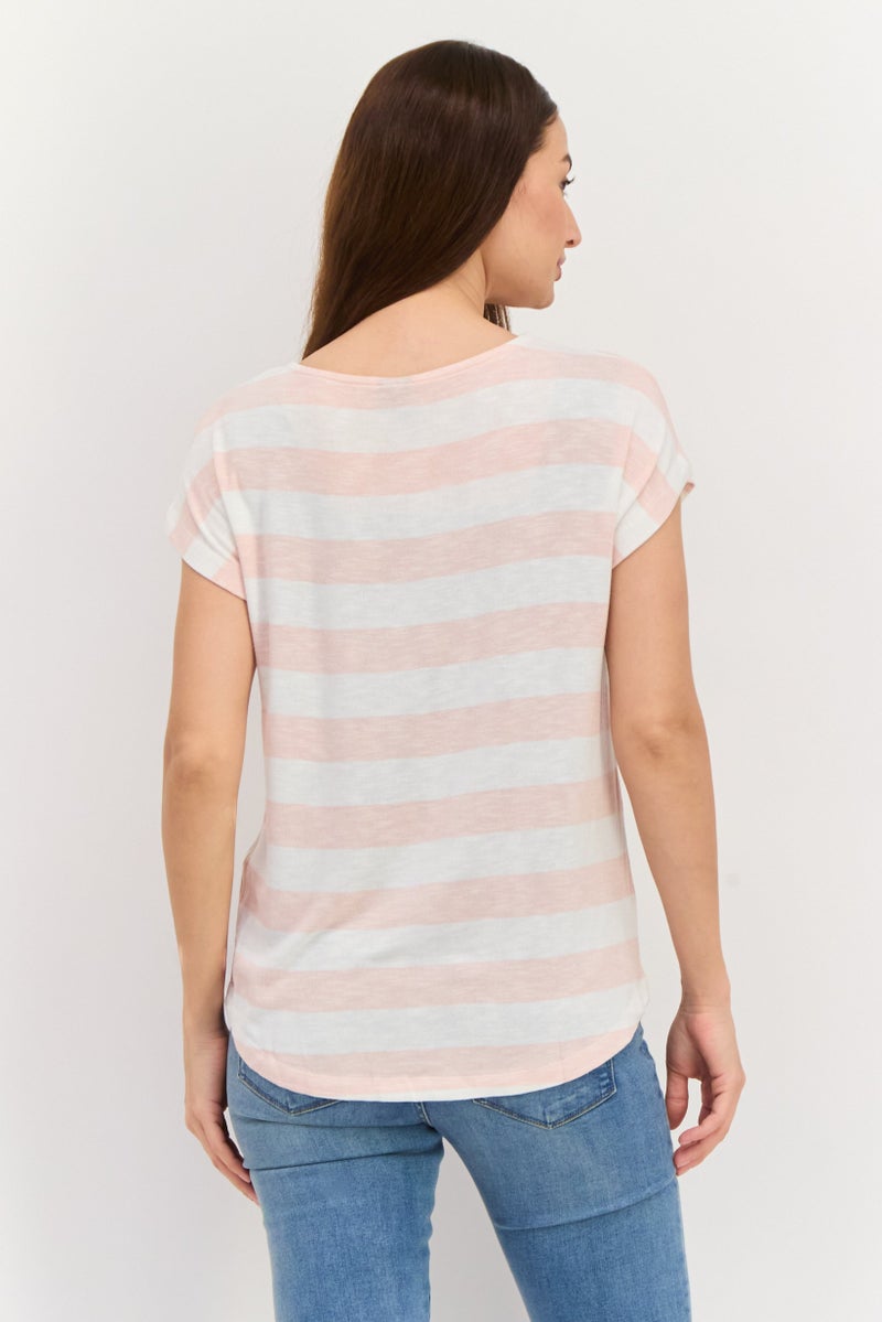 VERO MODA Women Round Neck Short Sleeve Stripe Print Top, Pink - Image 2