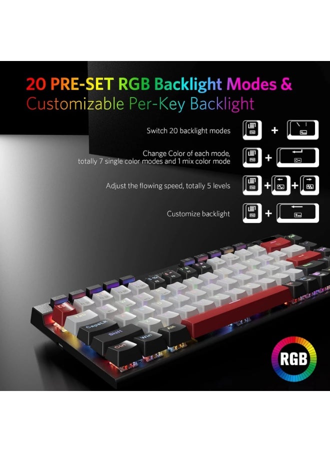 لوحة مفاتيح ميكانيكية K635 قابلة للتبديل السريع بإضاءة خلفية RGB مخصصة مع التحكم في مستوى الصوت، ولوحة مفاتيح ألعاب مدمجة بتقنية Bluetooth/2.4G-Wireless/USB-C مع مفاتيح حمراء (68 + 10 مفاتيح)