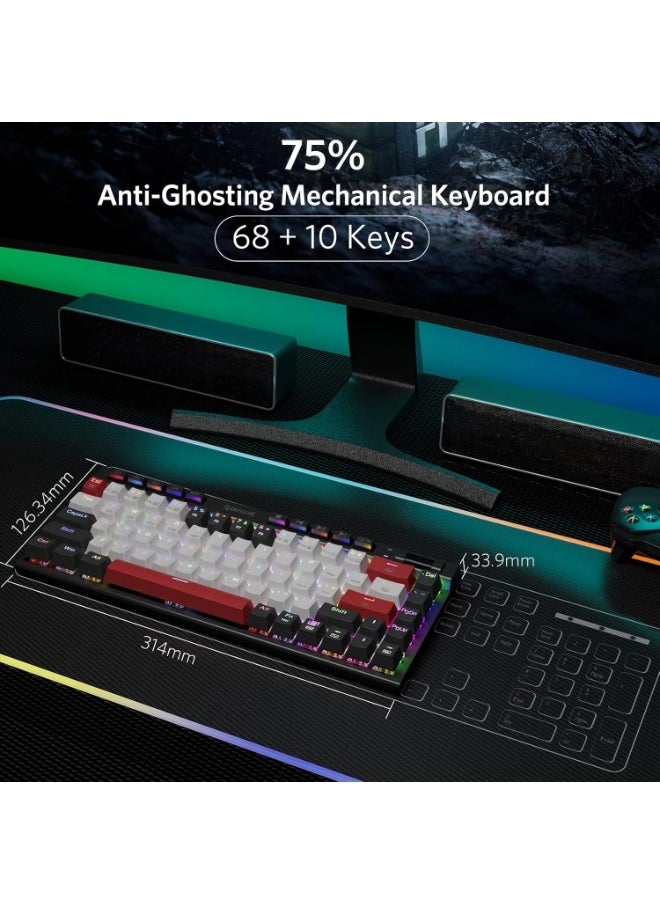 لوحة مفاتيح ميكانيكية K635 قابلة للتبديل السريع بإضاءة خلفية RGB مخصصة مع التحكم في مستوى الصوت، ولوحة مفاتيح ألعاب مدمجة بتقنية Bluetooth/2.4G-Wireless/USB-C مع مفاتيح حمراء (68 + 10 مفاتيح)