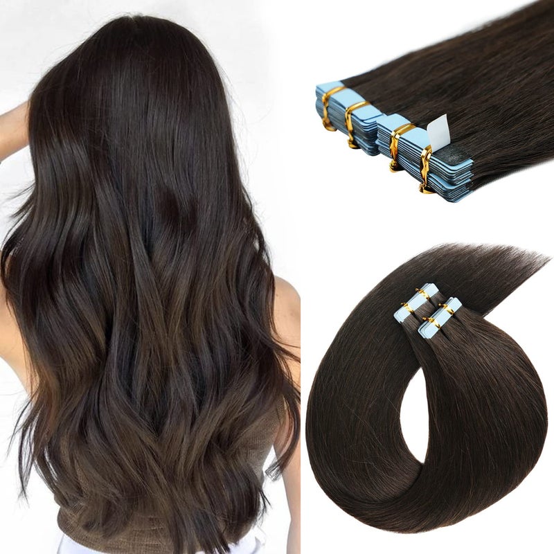 18 inch Tape in Hair Extensions Human Hair Invisible Straight Tape Hair Extensions for Women 20 Pcs50g Seamless Skin Weft 2 Dark Brown Real Hair Extension Tape ins Human Hair