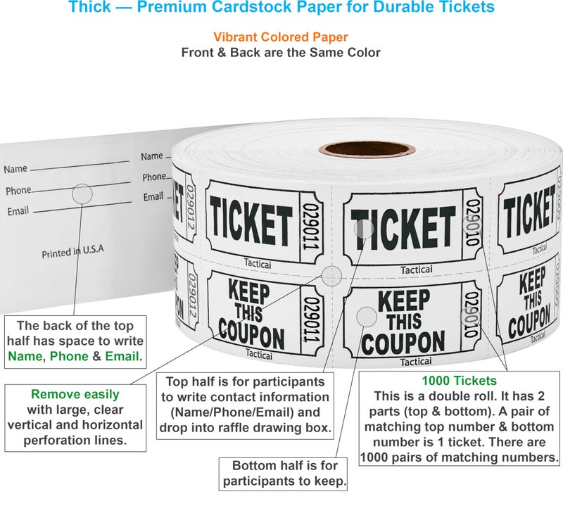 Tacticai 1000 Tacticai Raffle Tickets, White (1 of 8 Colors), Double Roll, Ticket for Events, Entry, Class Reward, Fundraiser & Prizes - Image 2