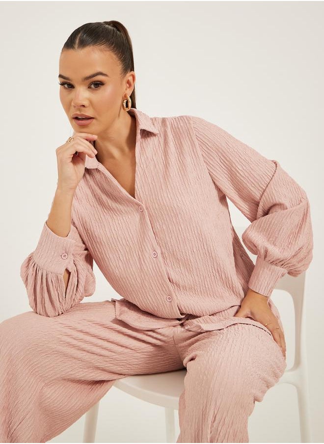 Styli - Textured Balloon Sleeve Spread Collar Shirt - Image 1