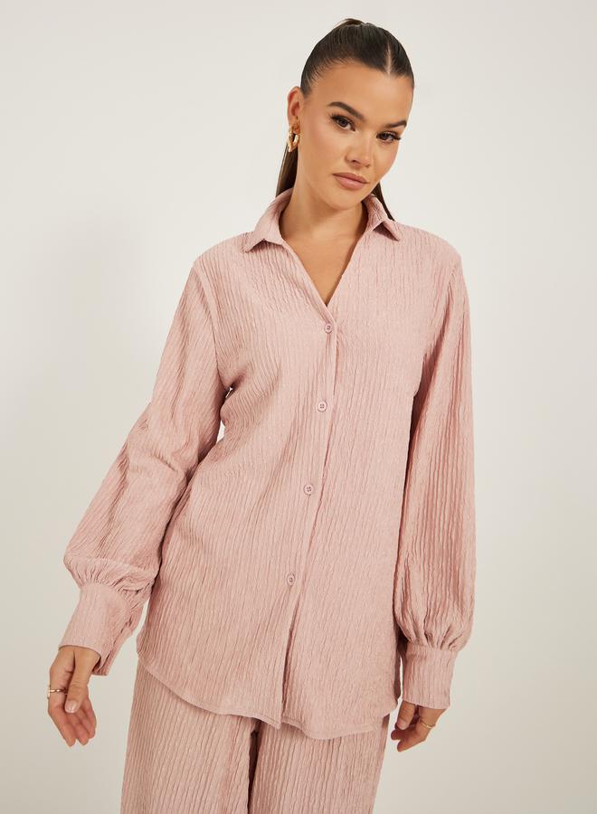 Styli - Textured Balloon Sleeve Spread Collar Shirt - Image 1