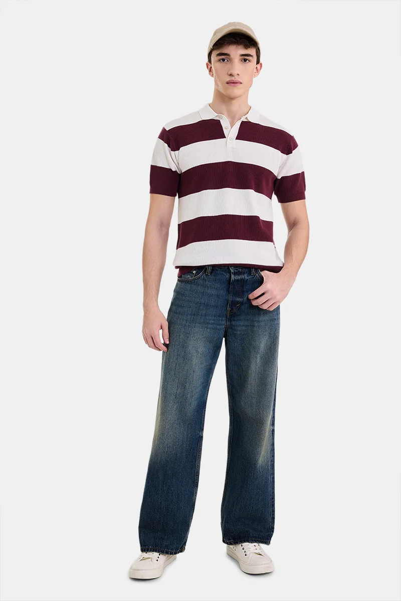 SNITCH Wine Striped Half Sleeve Regular Fit Casual T-Shirt