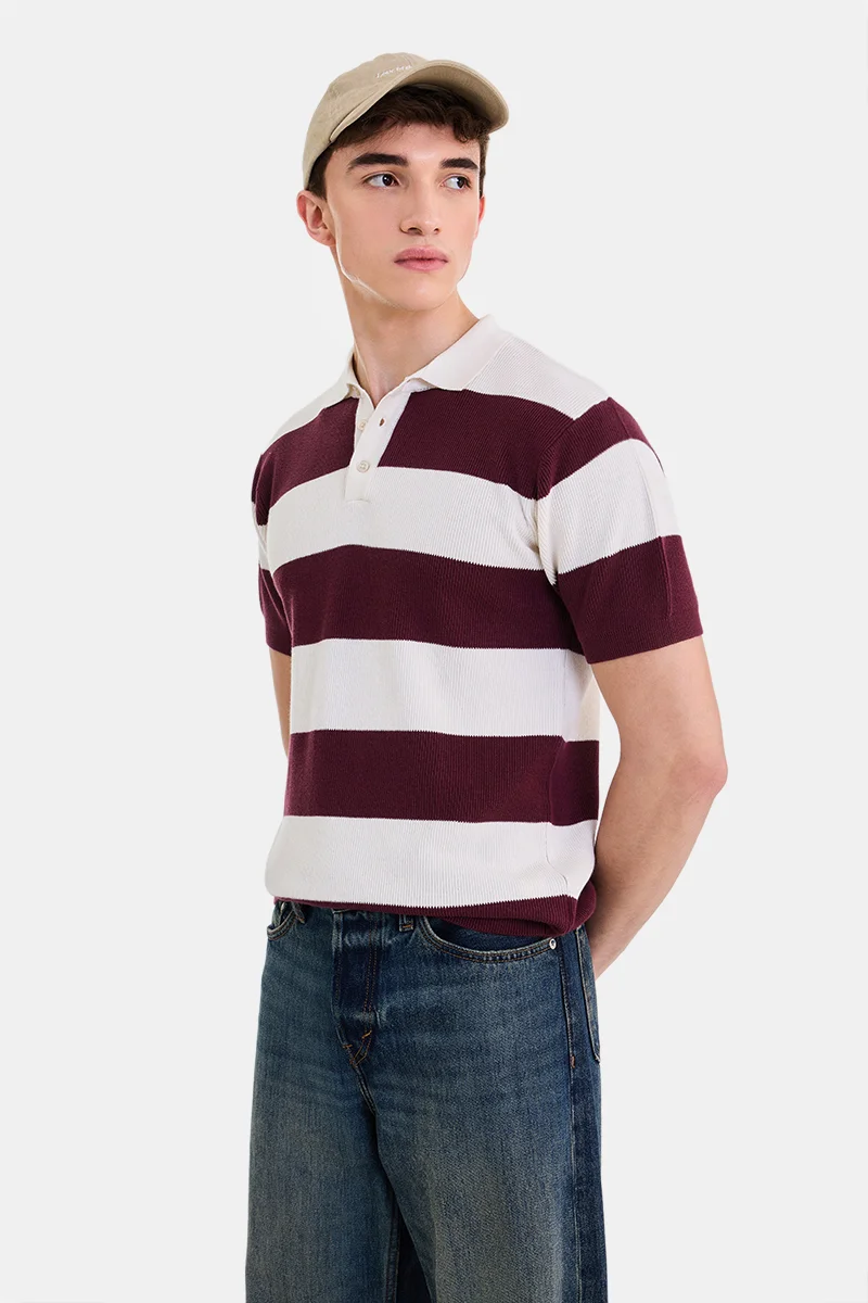 SNITCH Wine Striped Half Sleeve Regular Fit Casual T-Shirt