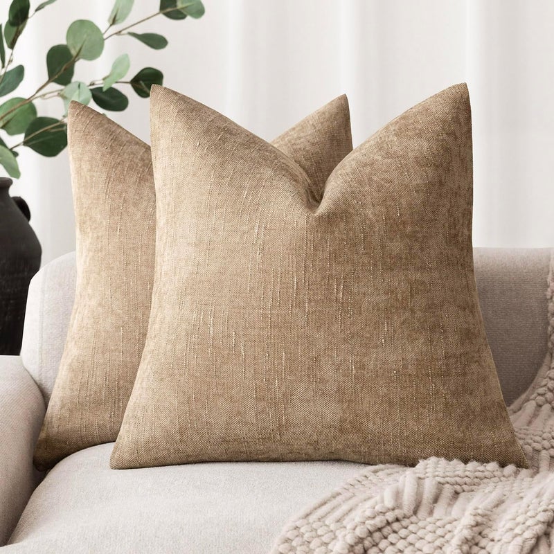 Foindtower Pack of 2 Textured Chenille Throw Decorative Pillow Covers Square Accent Solid Cushion Cover Neutral Farmhouse Pillow Case for Couch Sofa Bedroom Living Room 24x24 Inch,Taupe Khaki Camel - Image 1