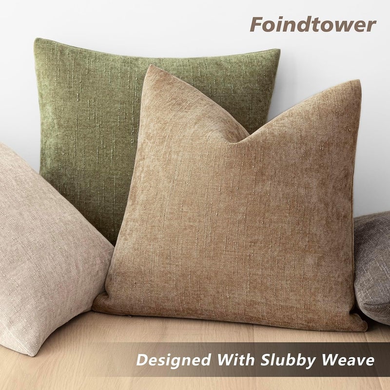 Foindtower Pack of 2 Textured Chenille Throw Decorative Pillow Covers Square Accent Solid Cushion Cover Neutral Farmhouse Pillow Case for Couch Sofa Bedroom Living Room 24x24 Inch,Taupe Khaki Camel - Image 5