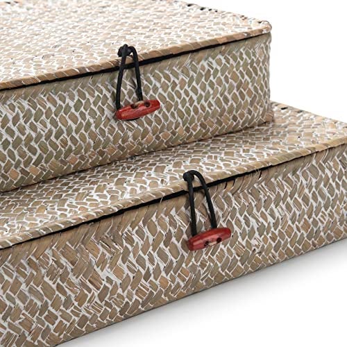 DECRAFTS Whitewash Seagrass Basket with Lid Rectangular Decorative Storage Boxes for Shelf Organize Snack Toys Set of 2 (Large+Small) - Image 5