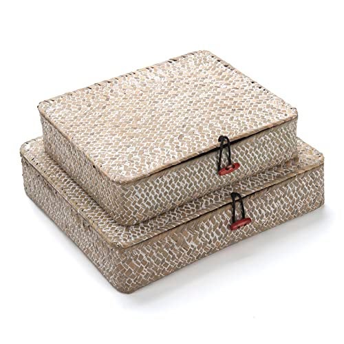DECRAFTS Whitewash Seagrass Basket with Lid Rectangular Decorative Storage Boxes for Shelf Organize Snack Toys Set of 2 (Large+Small) - Image 1