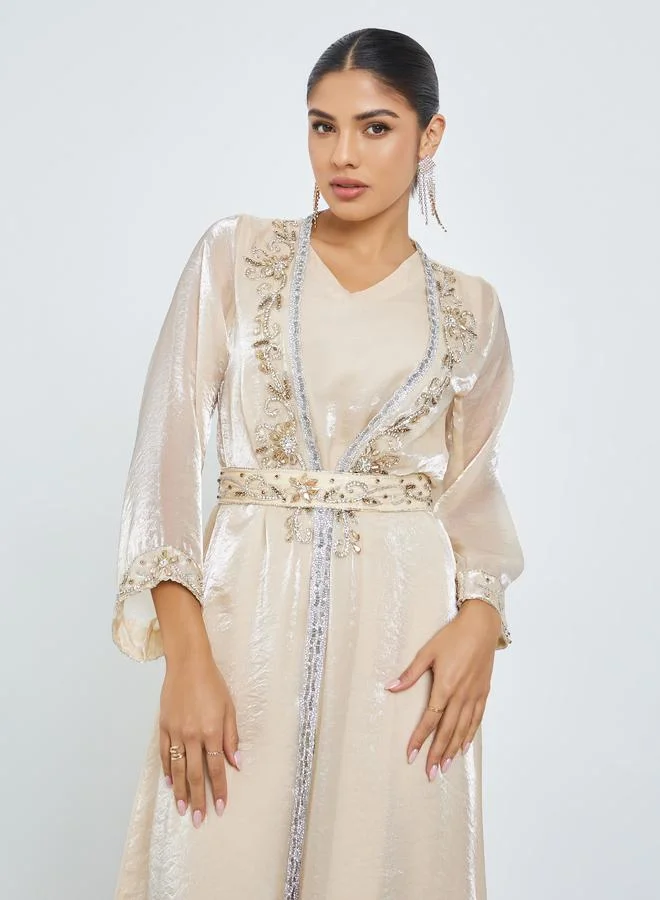 أميرة Cream Embellished Kaftan and Maxi Dress Set