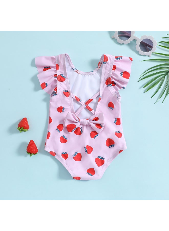 Loquat Direct Supply Girls One-body Bikini Strawberry Printed Backless Bow Girls Swimsuit-Color:Pink- - Image 2