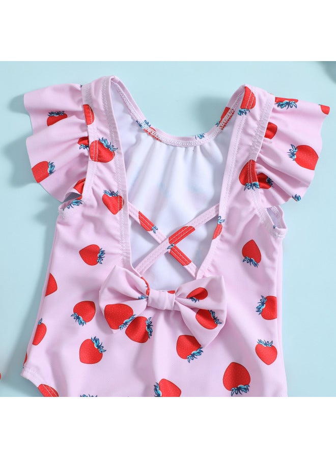 Loquat Direct Supply Girls One-body Bikini Strawberry Printed Backless Bow Girls Swimsuit-Color:Pink- - Image 4