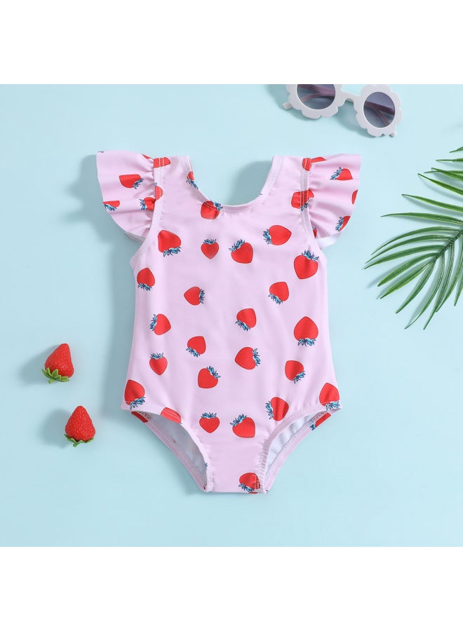 Loquat Direct Supply Girls One-body Bikini Strawberry Printed Backless Bow Girls Swimsuit-Color:Pink- - Image 3