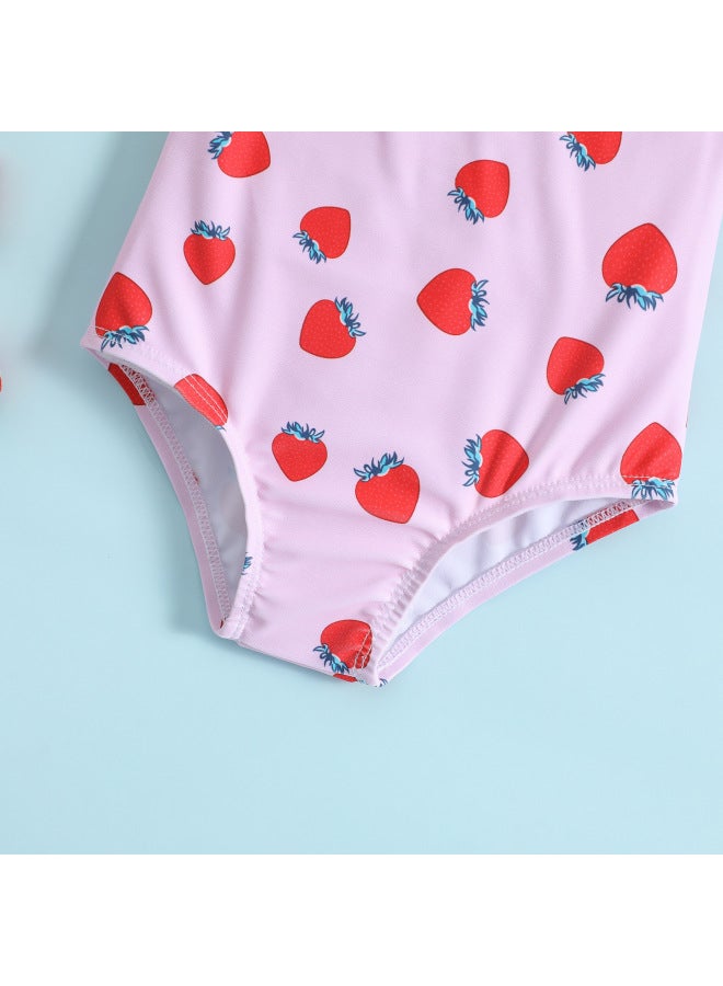 Loquat Direct Supply Girls One-body Bikini Strawberry Printed Backless Bow Girls Swimsuit-Color:Pink- - Image 5