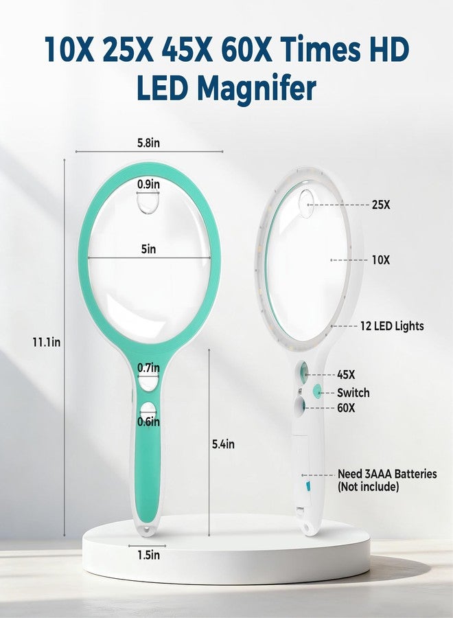 NAZANO Large Magnifying Glass with Light,10X 25X 45X 60X Handheld Illuminated Lighted Magnifier, 5in Page Reading Magnifier with 12 LED Lights for Seniors Reading, Coins, Jewelry, Close Work - Green - Image 4