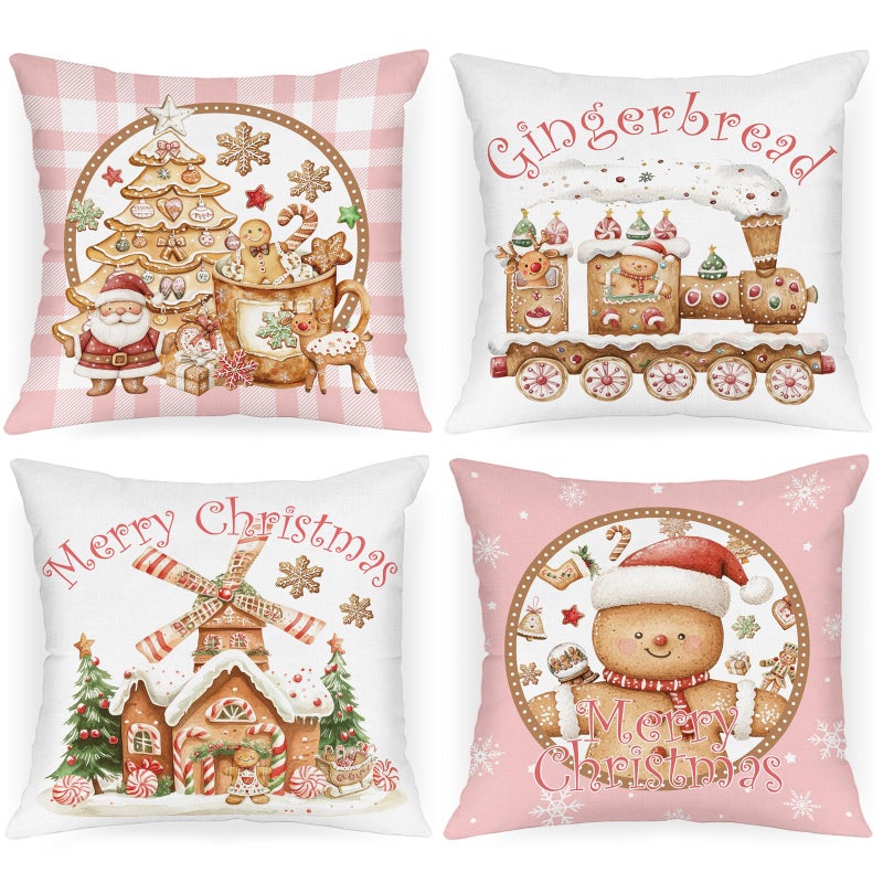 Lanpn Christmas Throw Pillow Covers 18x18 Set of 4 Gingerbread Man House Pillow Covers Christmas Pillowcase Decorative Cushion Cover for Home Bedroom Couch Sofa Decor Pink - Image 2