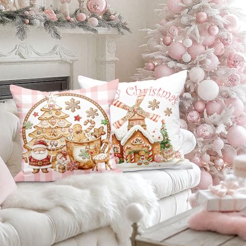 Lanpn Christmas Throw Pillow Covers 18x18 Set of 4 Gingerbread Man House Pillow Covers Christmas Pillowcase Decorative Cushion Cover for Home Bedroom Couch Sofa Decor Pink - Image 3
