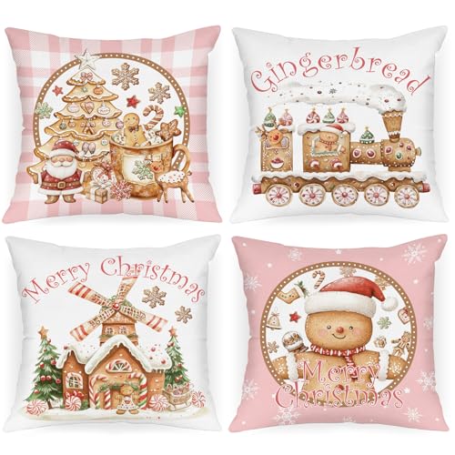 Lanpn Christmas Throw Pillow Covers 18x18 Set of 4 Gingerbread Man House Pillow Covers Christmas Pillowcase Decorative Cushion Cover for Home Bedroom Couch Sofa Decor Pink - Image 1