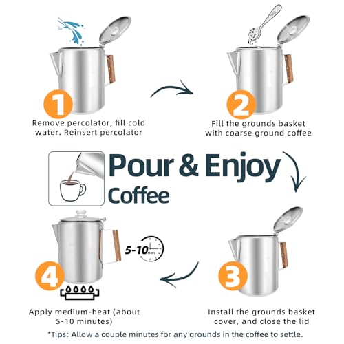 MEREZA Camping Coffee Pot Stovetop Coffee Maker Percolator Campfire Coffee Pot Stainless Steel Coffee Pot Camping Outdoors Home 9 Cup No Aluminum & Plastic Fast Brew - Image 2