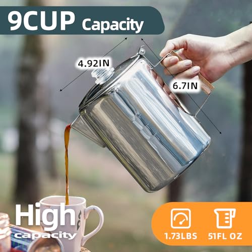 MEREZA Camping Coffee Pot Stovetop Coffee Maker Percolator Campfire Coffee Pot Stainless Steel Coffee Pot Camping Outdoors Home 9 Cup No Aluminum & Plastic Fast Brew - Image 3