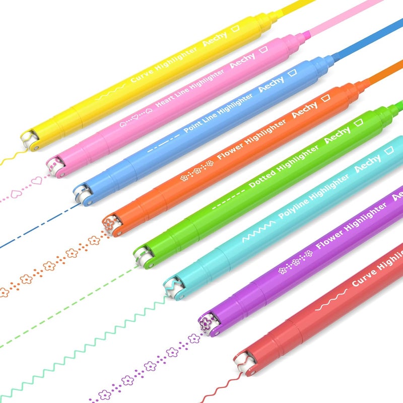 AECHY 8PCS Curve Highlighter Pen Set, Dual Tip Marker Pens with 6 Different Curve Shapes & 8 Colors Mark Lines, Aesthetic Curve Marker Highlighter for Journal Planner School Supplies - Image 1
