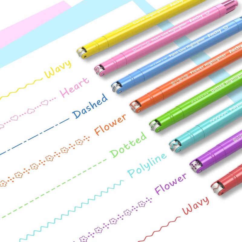 AECHY 8PCS Curve Highlighter Pen Set, Dual Tip Marker Pens with 6 Different Curve Shapes & 8 Colors Mark Lines, Aesthetic Curve Marker Highlighter for Journal Planner School Supplies - Image 3