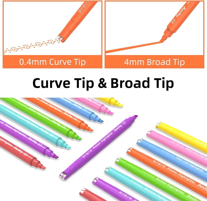 AECHY 8PCS Curve Highlighter Pen Set, Dual Tip Marker Pens with 6 Different Curve Shapes & 8 Colors Mark Lines, Aesthetic Curve Marker Highlighter for Journal Planner School Supplies - Image 2
