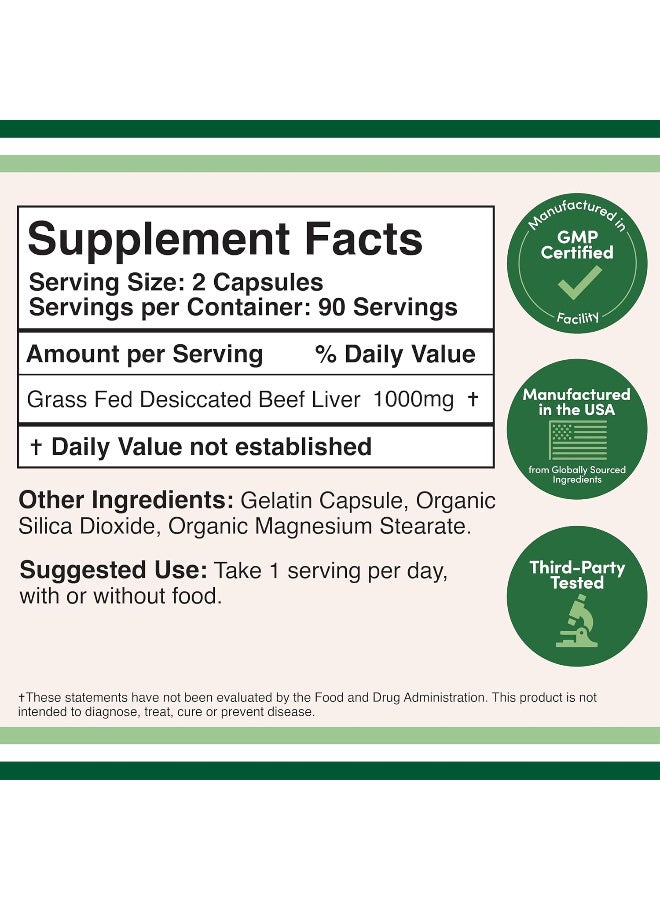 كبسولات كبد البقر (1000 ملغ من كبد البقر المجفف الذي يتغذى على العشب لكل حصة، 180 كبسولة) - Image 2