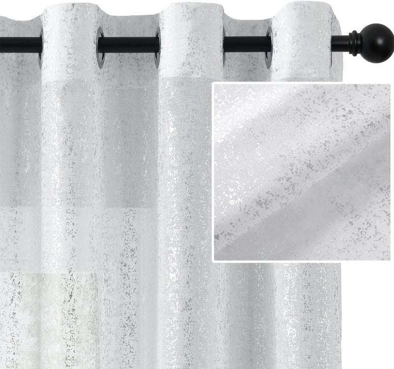 TERLYTEX Silver White Metallic Sheer Curtains - 90 Inch Long for Living Room, Grommet Privacy Shiny Curtains, 52 x 90 Inch, 2 Panels - Image 1