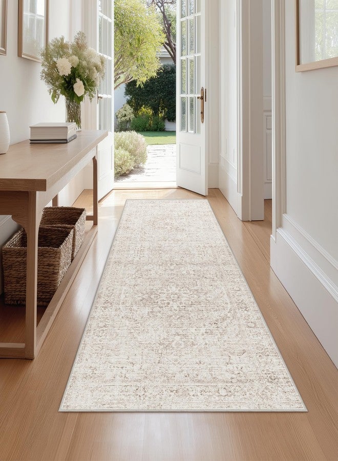 Fmfunctex 2x6 Hallway Runner Rug Beige Vintage Neutral Washable Distressed Non Slip Low Pile Traditional Indoor Carpet Soft Retro Entryway Rug for Kitchen Living Room Bedroom Bathroom Laundry Entrance - Image 1