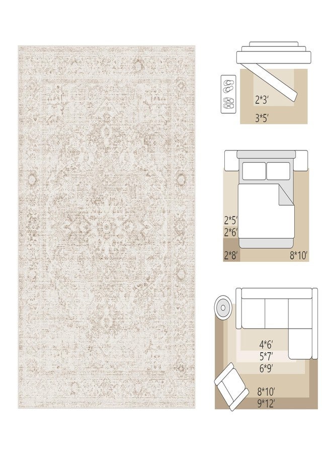 Fmfunctex 2x6 Hallway Runner Rug Beige Vintage Neutral Washable Distressed Non Slip Low Pile Traditional Indoor Carpet Soft Retro Entryway Rug for Kitchen Living Room Bedroom Bathroom Laundry Entrance - Image 2