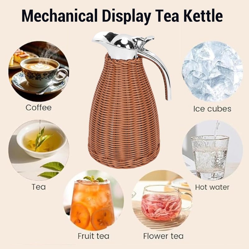 ZJchao Stainless Steel Thermal Coffee Carafe 1.5L Insulated Coffee Carafe with Woven Rattan Body for Hot Tea Water Beverage 12-Hour Heat & 24-Hour Cold Retention - Image 3