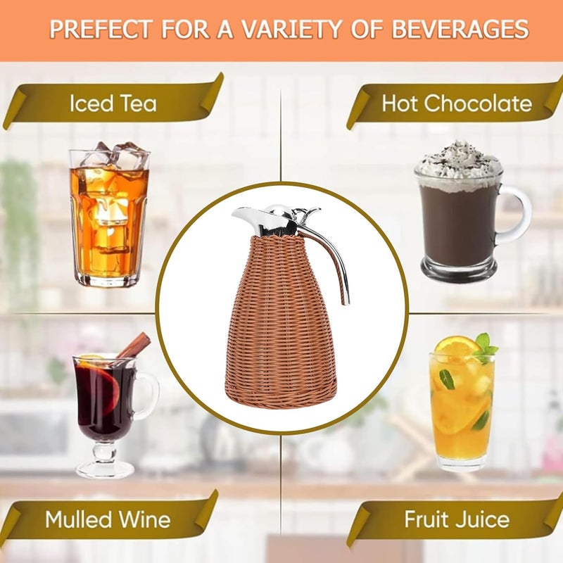 ZJchao Stainless Steel Thermal Coffee Carafe 1.5L Insulated Coffee Carafe with Woven Rattan Body for Hot Tea Water Beverage 12-Hour Heat & 24-Hour Cold Retention - Image 5