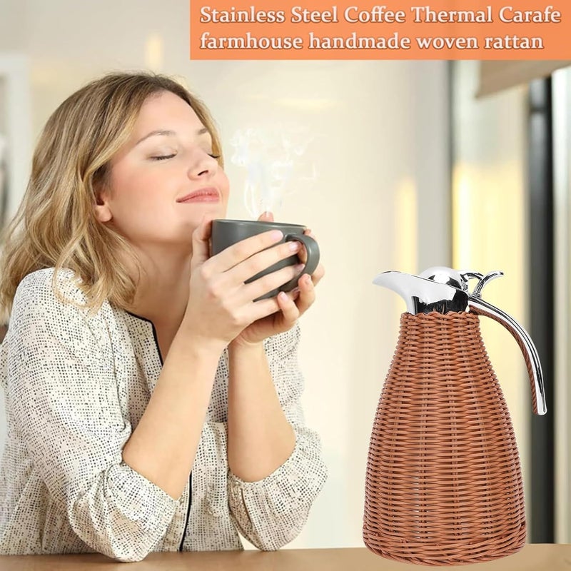 ZJchao Stainless Steel Thermal Coffee Carafe 1.5L Insulated Coffee Carafe with Woven Rattan Body for Hot Tea Water Beverage 12-Hour Heat & 24-Hour Cold Retention - Image 2