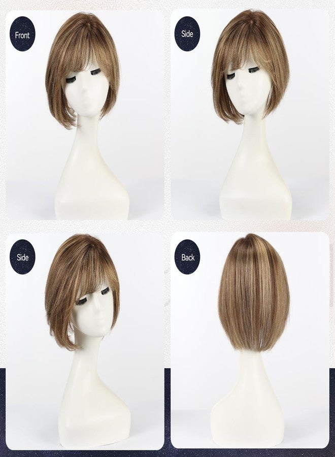 starluck Hair Topper for Women Real Human Hair, 6.5x6.5 inch Base Mixed Brown Short Bob with Bangs Side Part SilkHug Human Hair Topper for Women with ThinngHair Cover Gray Roots-10 Inch - Image 4