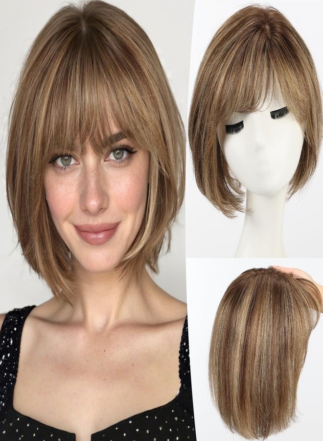 starluck Hair Topper for Women Real Human Hair, 6.5x6.5 inch Base Mixed Brown Short Bob with Bangs Side Part SilkHug Human Hair Topper for Women with ThinngHair Cover Gray Roots-10 Inch - Image 1
