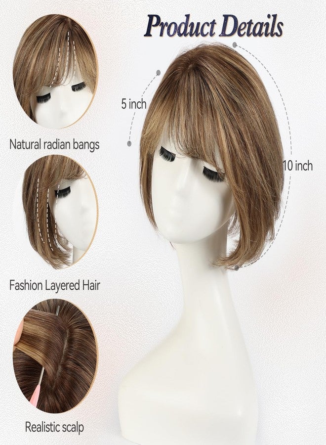 starluck Hair Topper for Women Real Human Hair, 6.5x6.5 inch Base Mixed Brown Short Bob with Bangs Side Part SilkHug Human Hair Topper for Women with ThinngHair Cover Gray Roots-10 Inch - Image 3