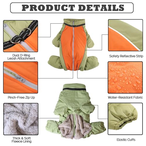 LOVINFURBABY Dog Warm Thick Winter Snowsuit, Fullbody Zip Up Coat with Leash Ring, Reflective Windproof Waterproof Dog Snow Jacket, LightGreen,22 - Image 3