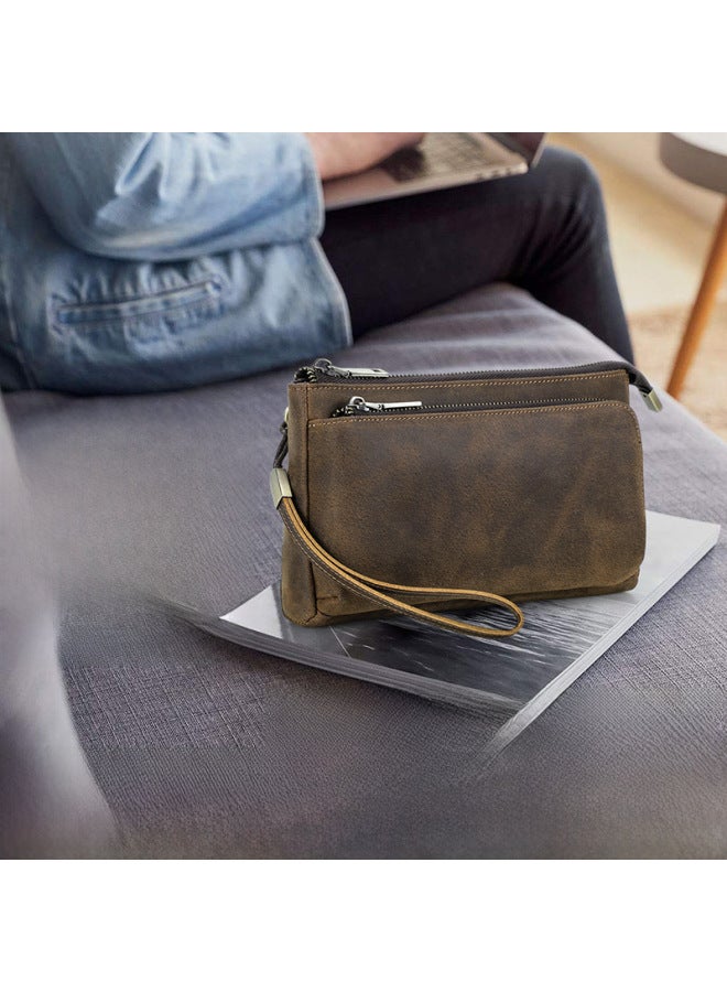 Crazy Horse Leather Men's Clutch Handmade Large Capacity Portable Zipper Multi-functional Mobile Phone Accessories Storage Bag - Image 3