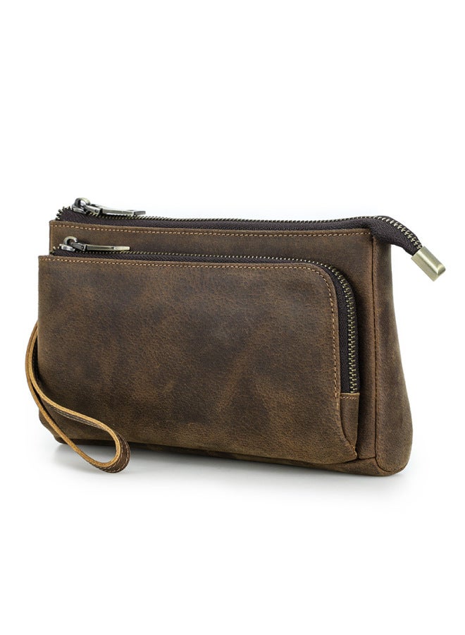 Crazy Horse Leather Men's Clutch Handmade Large Capacity Portable Zipper Multi-functional Mobile Phone Accessories Storage Bag - Image 1