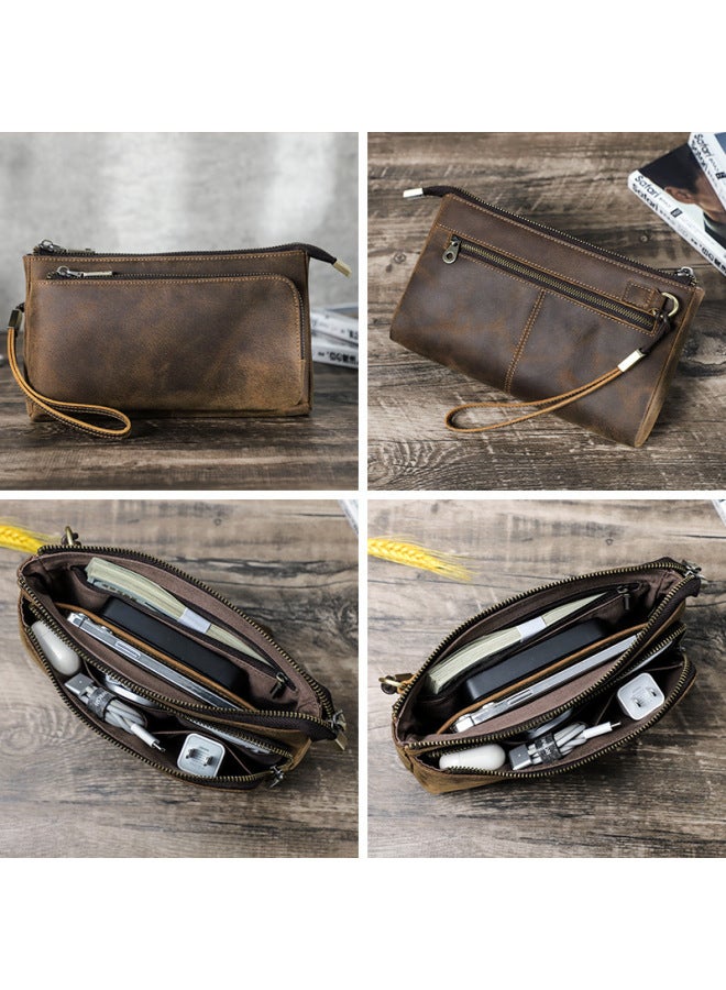 Crazy Horse Leather Men's Clutch Handmade Large Capacity Portable Zipper Multi-functional Mobile Phone Accessories Storage Bag - Image 2